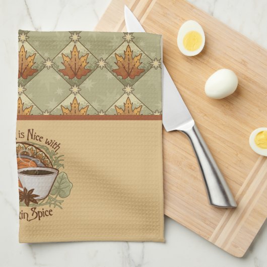 パンプキンスパイスコーヒーアートと紅葉パターン キッチンタオル (四つ折り)