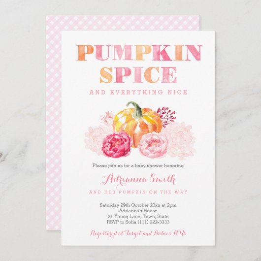 パンプキンスパイスベビーシャワー、秋パンプキンプレイド 招待状 (正面/裏面)