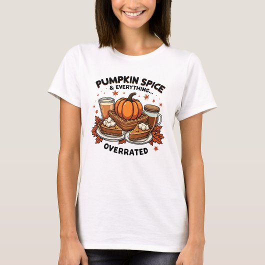 パンプキンスパイス過大評価 – 秋デザートユーモア Tシャツ (正面)