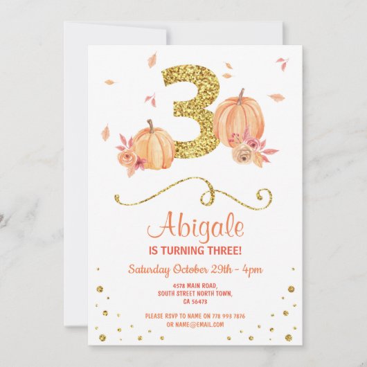 パンプキンスリー誕生日第3秋パーティー金ゴールド招待状 招待状 (正面)