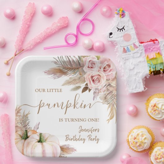 パンプキンズウォーターカラーボホガールズ秋1st誕生日 ペーパープレート (パーティー)