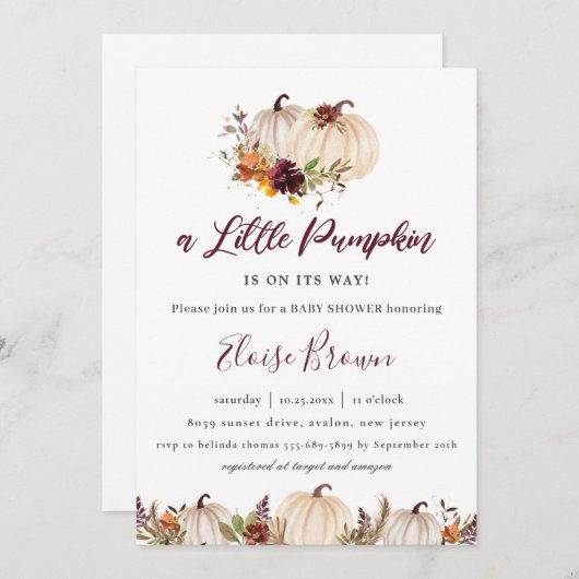 パンプキンズバーガンディオレンジフローラベイビーシャワー  招待状 (正面/裏面)