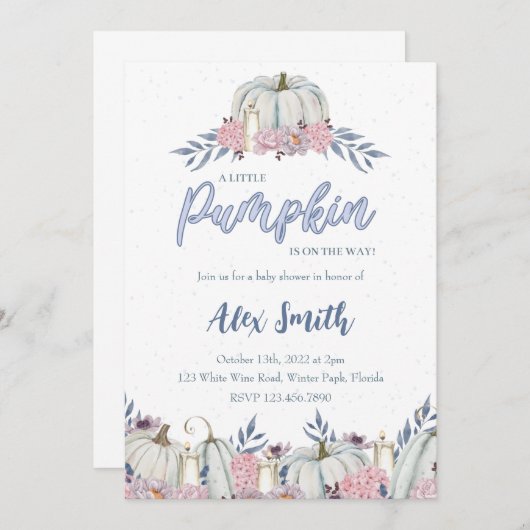 パンプキンダスティブルーベビーシャワー招待状ボーイ 招待状 (正面/裏面)