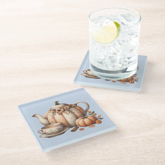 パンプキンティーポットと秋花模様イラストレーション ガラスコースター (アングル)