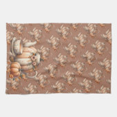 パンプキンティーポットと秋花模様イラストレーション キッチンタオル (横)