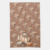 パンプキンティーポットと秋花模様イラストレーション キッチンタオル (縦)