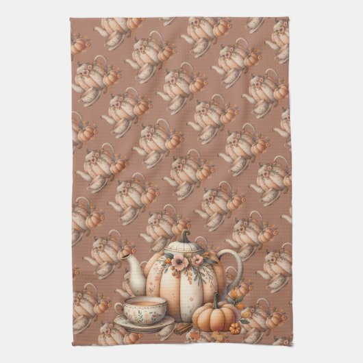 パンプキンティーポットと秋花模様イラストレーション キッチンタオル (縦)