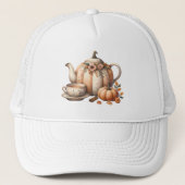 パンプキンティーポットと秋花模様イラストレーション キャップ (正面)