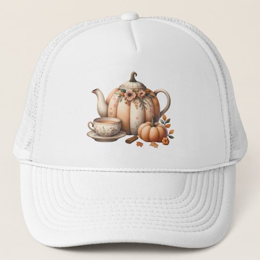 パンプキンティーポットと秋花模様イラストレーション キャップ (正面)