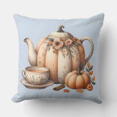 パンプキンティーポットと秋花模様イラストレーション クッション (正面)