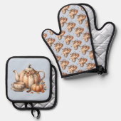パンプキンティーポットと秋花模様イラストレーション 鍋つかみ&鍋敷きセット (正面/裏面)
