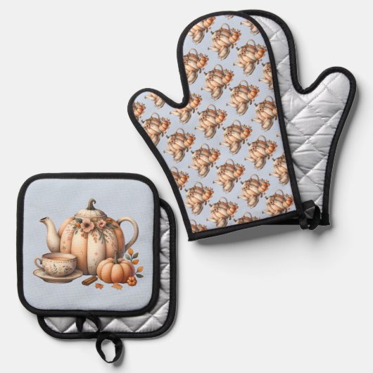 パンプキンティーポットと秋花模様イラストレーション 鍋つかみ&鍋敷きセット (正面/裏面)