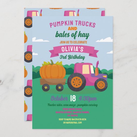 パンプキントラクター誕生日ハーベストパーティー女子 招待状 (正面/裏面)