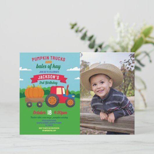 パンプキントラクター誕生日フォトボーイズパーティー 招待状 (スタンド正面)