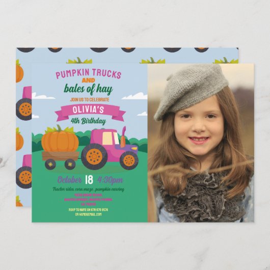 パンプキントラクター誕生日写真パーティーガールズ 招待状 (正面/裏面)