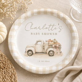 パンプキントラックのレトロチェック柄の秋のベビーシャワー ペーパープレート