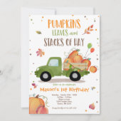 パンプキントラックバースデーパーティー秋パンプキン誕生日 招待状 (正面)