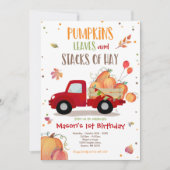 パンプキントラックバースデーパーティー秋パンプキン誕生日 招待状 (正面)