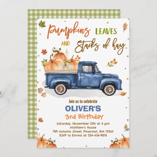 パンプキントラックバースデーパーティー秋パンプキン誕生日 招待状 (正面/裏面)