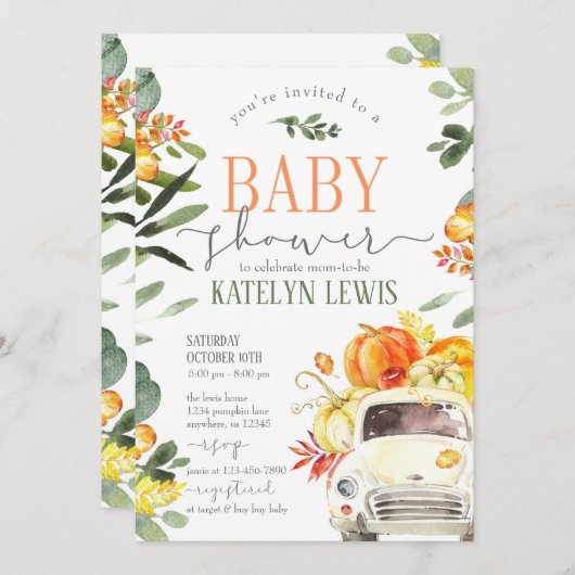 パンプキントラックベビーシャワー招待状と緑 招待状 (正面/裏面)