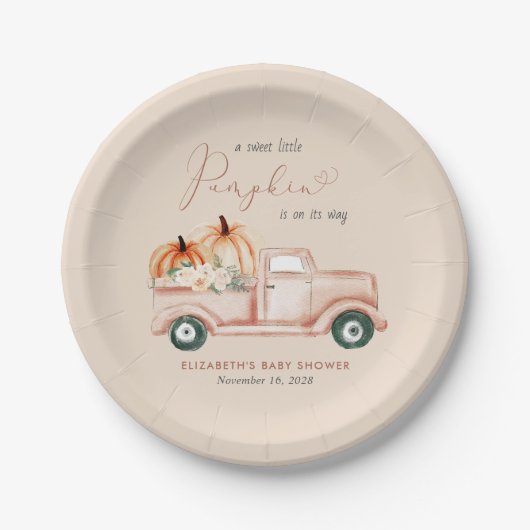 パンプキントラック水彩秋ベビーシャワー ペーパープレート (正面)