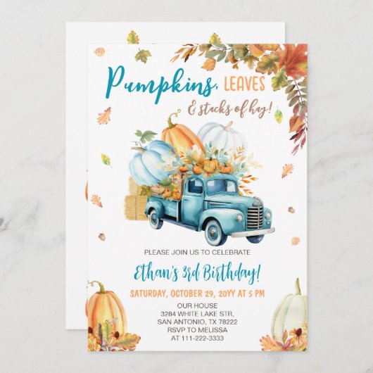 パンプキントラック秋ボーイバースデーパーティー 招待状 (正面/裏面)