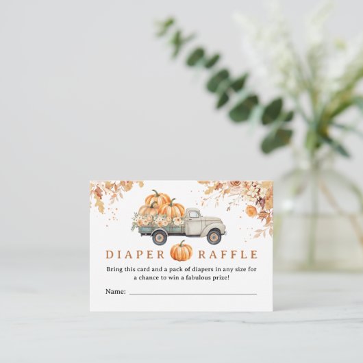 パンプキントラック赤ちゃんシャワー秋おむつラッフル エンクロージャーカード (スタンド正面)