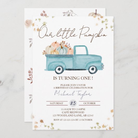 パンプキントラック1st誕生日、秋ファースト誕生日 招待状 (正面/裏面)