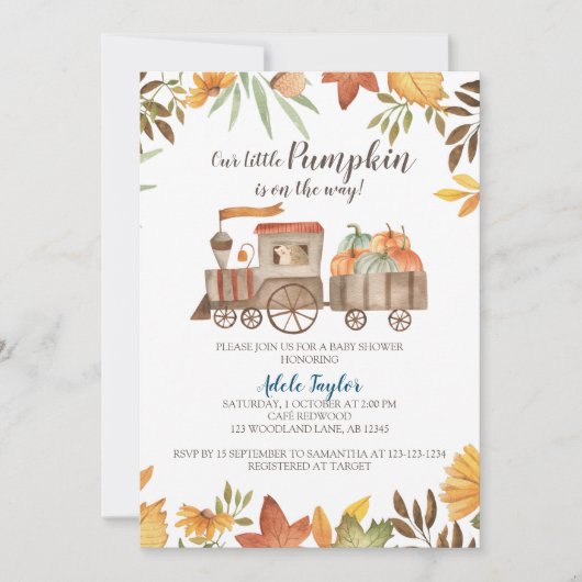 パンプキントレインベビーシャワー、秋ベビースプリンクル 招待状 (正面)