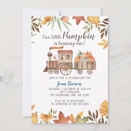 パンプキントレイン1歳の誕生日、1歳の誕生日パーティー 招待状 (正面)