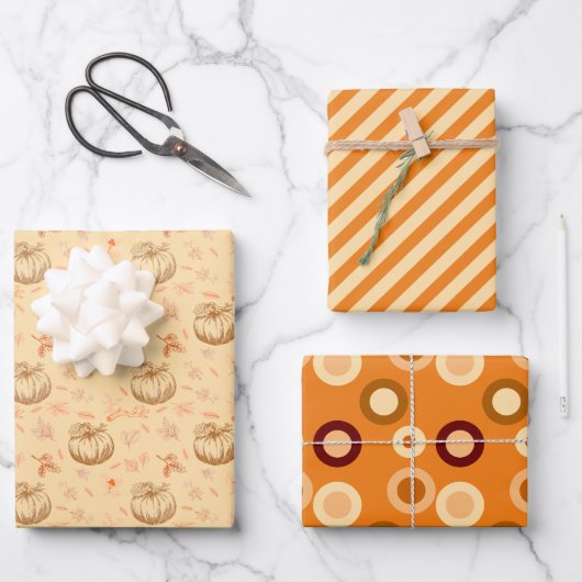 パンプキンドットストライプズオレンジハロウィンヴィンテージ ラッピングペーパーシート (正面)