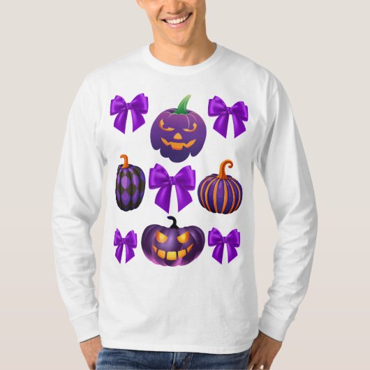 パンプキンハロウィーンパープルコロッケ弓秋おもしろい Tシャツ (正面)