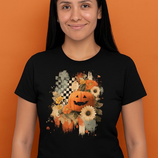 パンプキンハロウィーン市松模様にボードレトロ Tシャツ