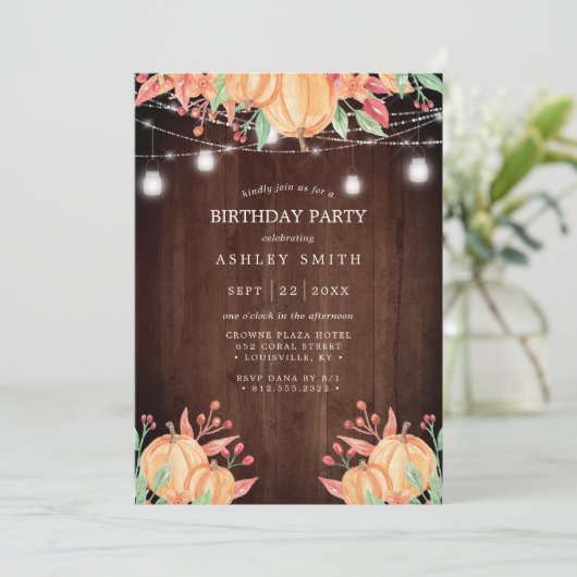 パンプキンハーベストウォーターカラーオータムライトズ誕生日 招待状 (スタンド正面)