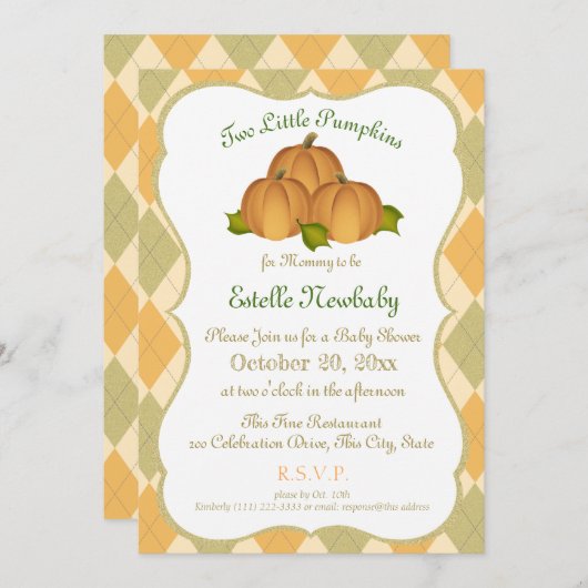 パンプキンハーレクイン金ゴールドツインズベビーシャワー 招待状 (正面/裏面)