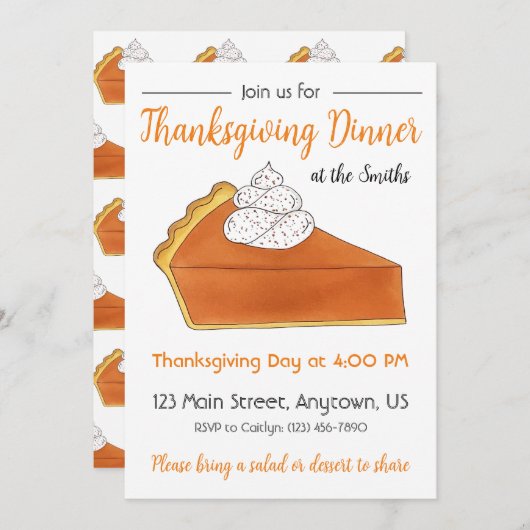 パンプキンパイスライス感謝祭ディナーパーティー 招待状 (正面/裏面)