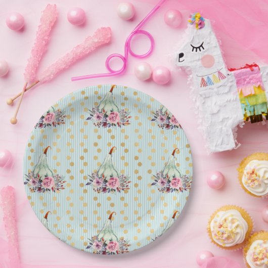 パンプキンパステルエレガント秋フローラ秋ティール（緑がかった色） ペーパープレート (パーティー)