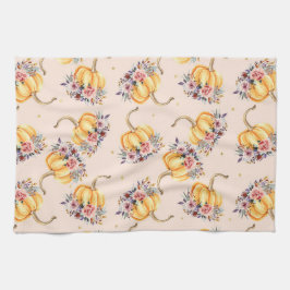 パンプキンパステルピーチ金ゴールド水玉模様フローラ秋 キッチンタオル