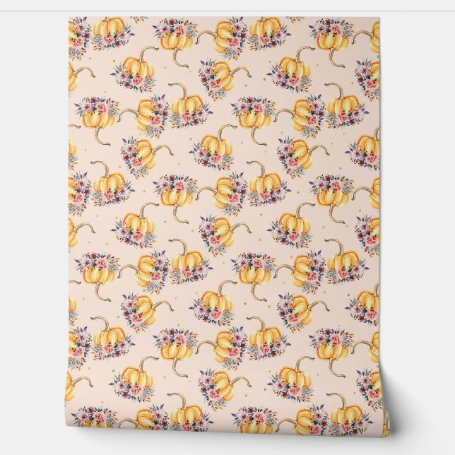 パンプキンパステルピーチ金ゴールド水玉模様フローラ秋 壁紙 (ほどく)