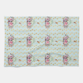 パンプキンパステル秋フローラティール（緑がかった色）金ゴールドドットパターン キッチンタオル (横)