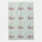 パンプキンパステル秋フローラティール（緑がかった色）金ゴールドドットパターン キッチンタオル (縦)