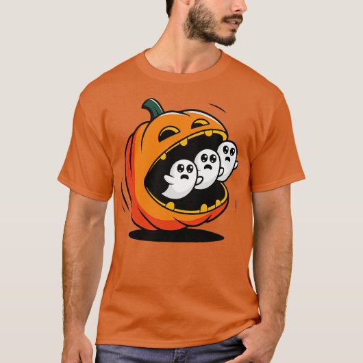 パンプキンパックマン ゴーストを食べる Tシャツ (正面)