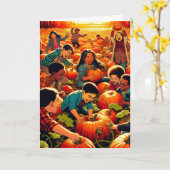 パンプキンパッチのハロウィーンでおもしろいを持つ子供 カード (黄色い花)