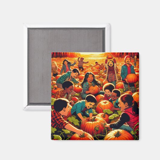 パンプキンパッチのハロウィーンでおもしろいを持つ子供 マグネット (正面/裏面)