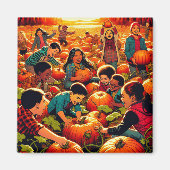 パンプキンパッチのハロウィーンでおもしろいを持つ子供 マグネット (正面)