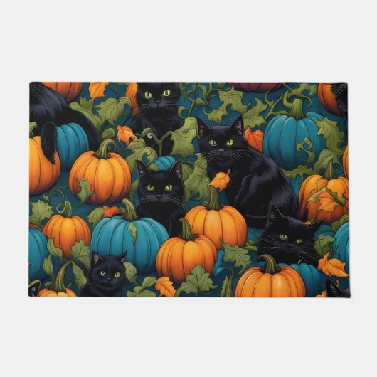 パンプキンパッチの黒猫ハロウィーン ドアマット (正面)