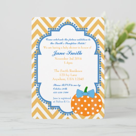 パンプキンパッチをテーマにした男の子ベビーシャワー招待状 招待状 (スタンド正面)