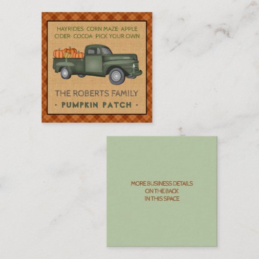 パンプキンパッチファミリーファームヴィンテージトラック秋プレイド スクエア名刺 (正面/裏面)