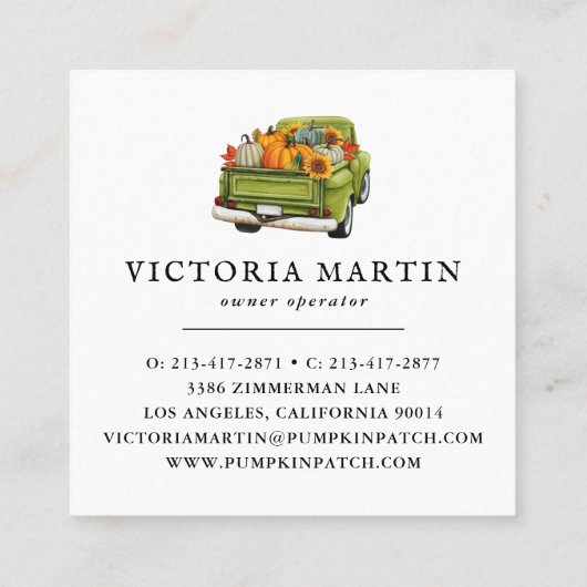 パンプキンパッチファミリーファームヴィンテージトラック秋 スクエア名刺 (裏面)
