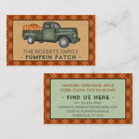 パンプキンパッチファミリーファーム秋プレイドヴィンテージトラック 名刺 (正面/裏面)